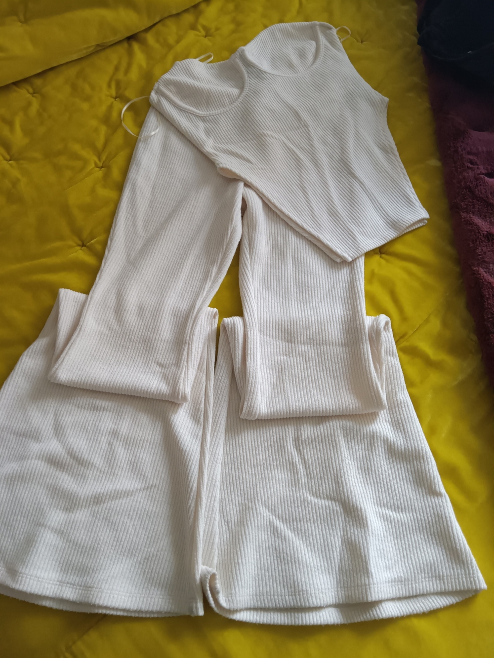 SHEIN Cream Ribbed Wide Leg Jumpsuit Set